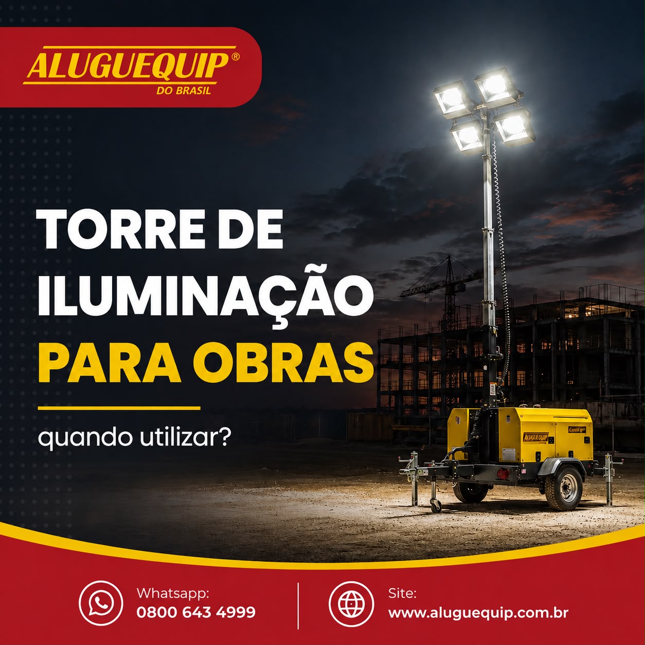 a torre de iluminação para obras pode ser uma solução prática para ampliar a área iluminada e facilitar a execução de diferentes tarefas no canteiro.