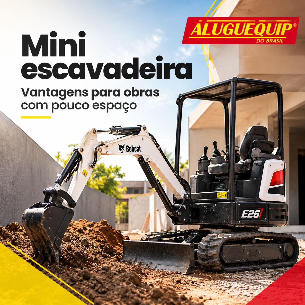 A Aluguequip trabalha com locação de equipamentos para construção civil e possui mini escavadeiras em seu catálogo, incluindo a Miniescavadeira E26 Bobcat.